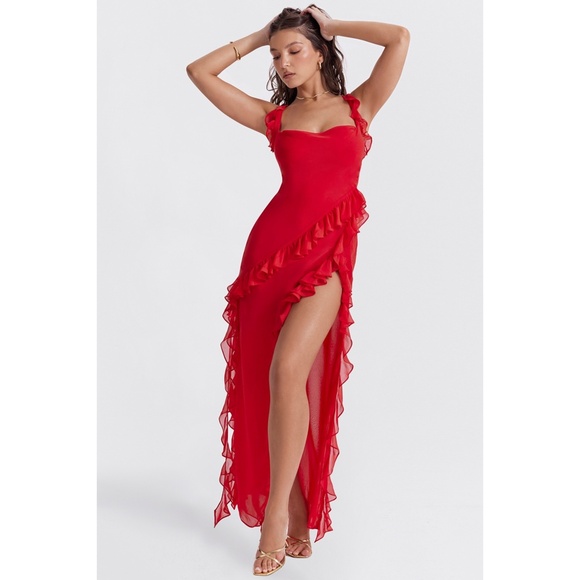 NEW House of CB Ariela Ruffle Maxi Dress Red Rose Cherry Medium - Picture 9 of 17